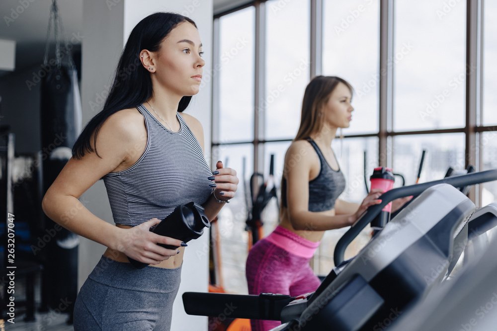 Girls in the gym are trained on treadmills and drink water, smiling Girls in the gym are trained on treadmills and drink water, smiling