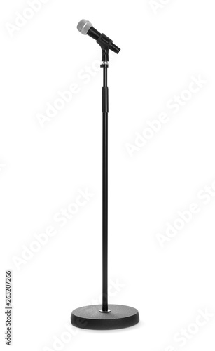 Stand with modern microphone on white background photo