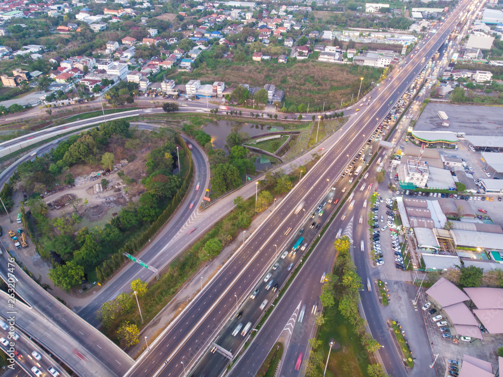 Aerial view city traffic junction road with automobile traffic Aerial view city traffic junction road with automobile traffic
