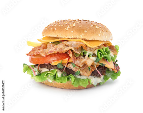 Tasty burger with bacon isolated on white