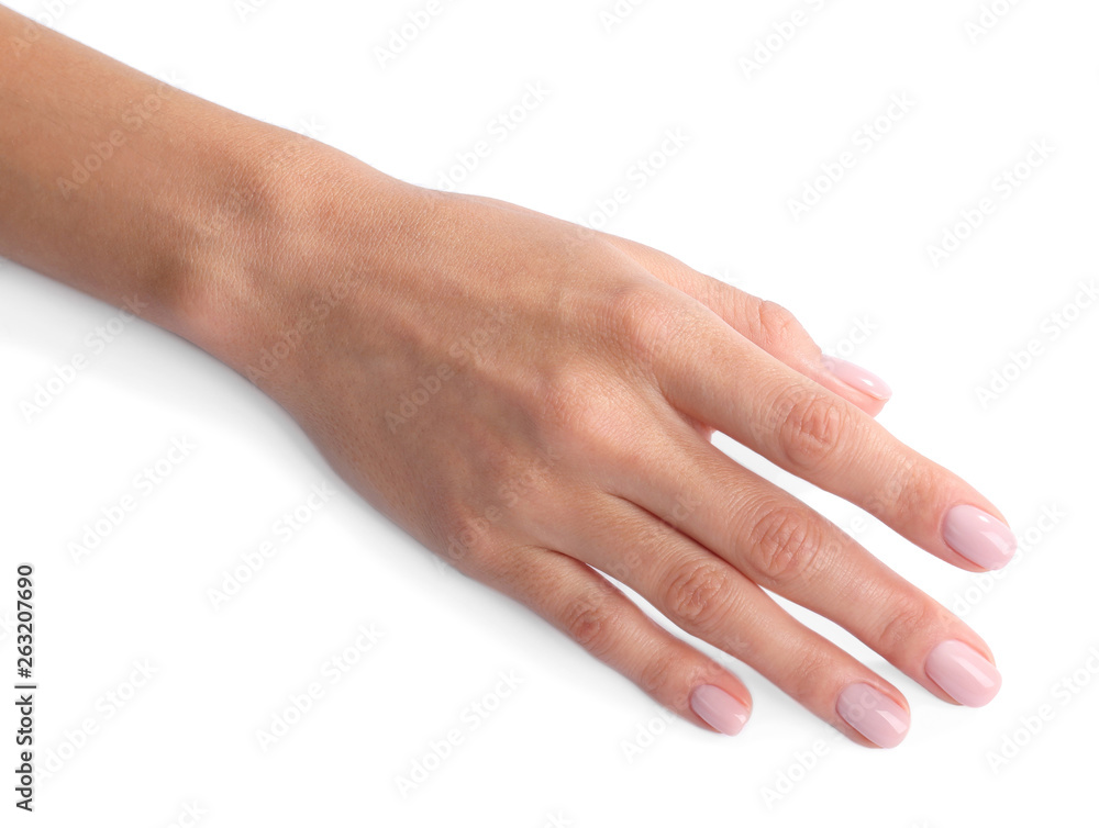 Beautiful female hand on white background, closeup. Spa treatment