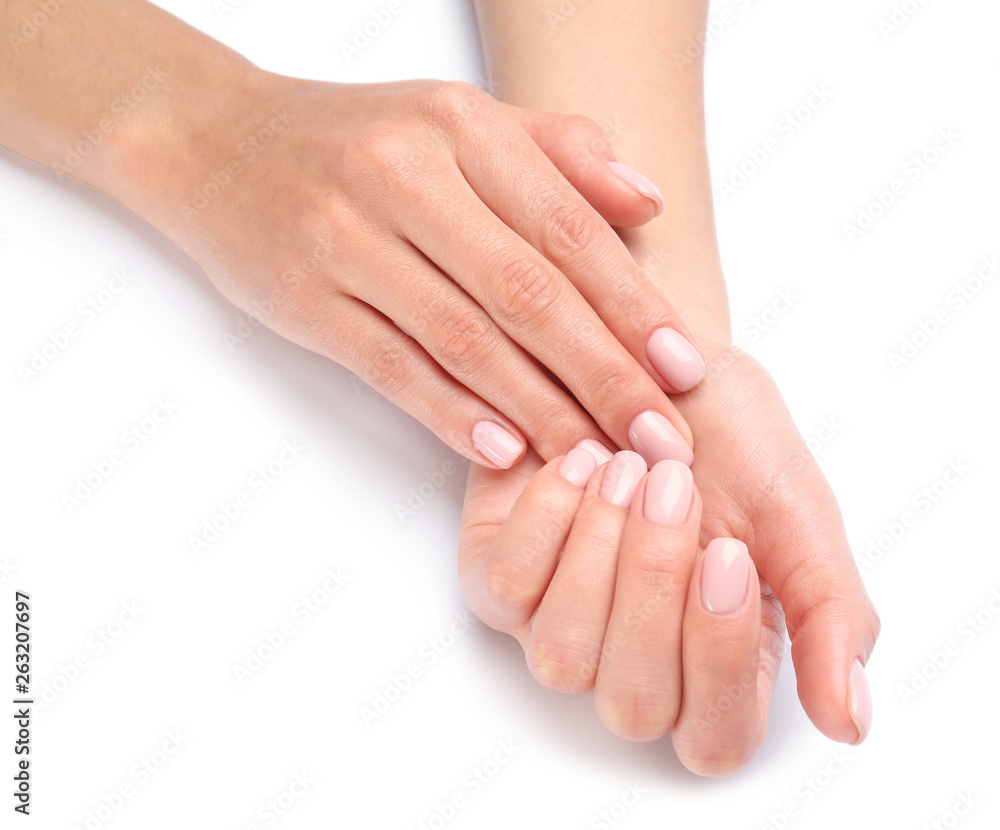 Woman with beautiful hands on white background, closeup. Spa treatment Woman with beautiful hands on white background, closeup. Spa treatment