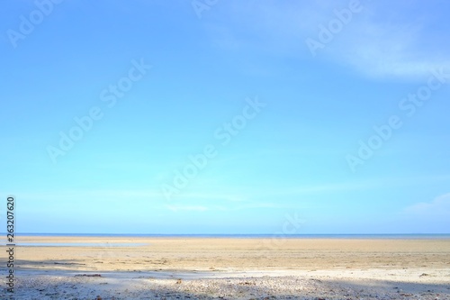 A beautiful sea beach with water waves and a horizontal line blue sky in bright day