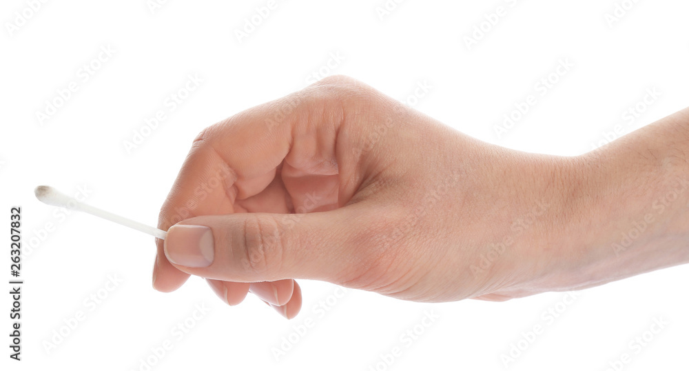 Woman holding used cotton swab on white background, closeup Woman holding used cotton swab on white background, closeup