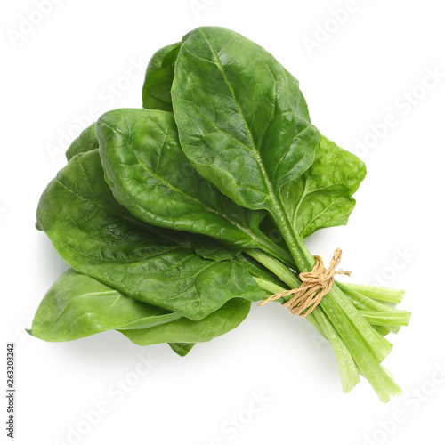 Bundle of fresh spinach isolated on white, top view photo