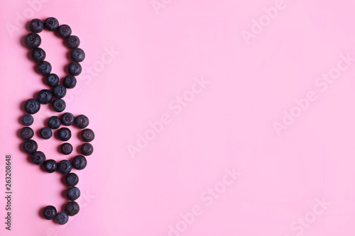 Treble clef made of bilberries on color background, top view with space for text. Creative musical notes