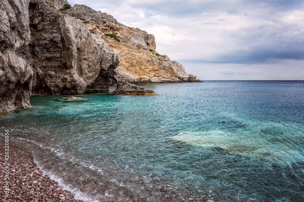 Fototapeta premium Long beach near Antony queen beach on Rhodes island, Greece. Dodekanes