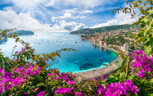 Aerial view of French Riviera coast with medieval town Villefranche sur Mer, Nice region, France