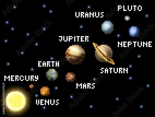 The Solar system in a retro 8 bit arcade video game pixel art style.