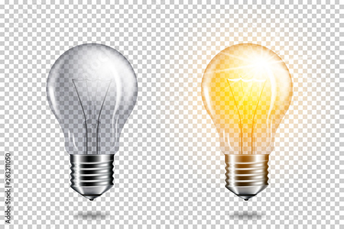 Set of realistic transparent light bulbs, isolated.