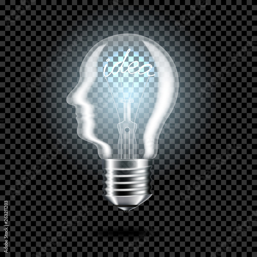 Realistic transparent light bulb with word idea for dark background, isolated.