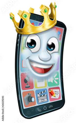 A mobile phone cartoon character mascot wearing a gold king crown 