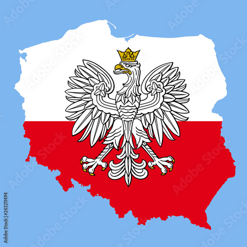 Poland map with eagle and white red polish flag, vector national emblem.