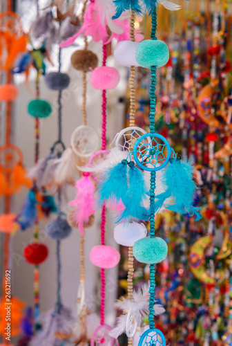 A lot of different handmade dreamcatchers..Hippie market. Ibiza,Spain