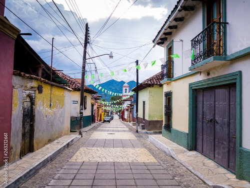 Typical colonial street with colorful houses in San Cristoal de las Casas, Chiapas, Mexico