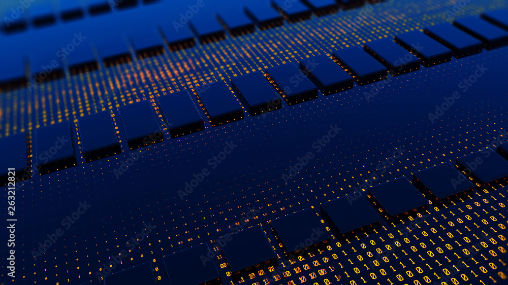 Abstraction illustration binary code strings are processed by the computer's motherboard. Background from lines of binary code. Background with depth of field and bokeh. 3d rendering Abstraction illustration binary code strings are processed by the computer's motherboard. Background from lines of binary code. Background with depth of field and bokeh. 3d rendering