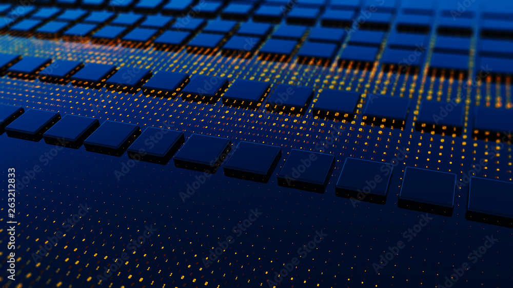 Abstraction illustration binary code strings are processed by the computer's motherboard. Background from lines of binary code. Background with depth of field and bokeh. 3d rendering Abstraction illustration binary code strings are processed by the computer's motherboard. Background from lines of binary code. Background with depth of field and bokeh. 3d rendering