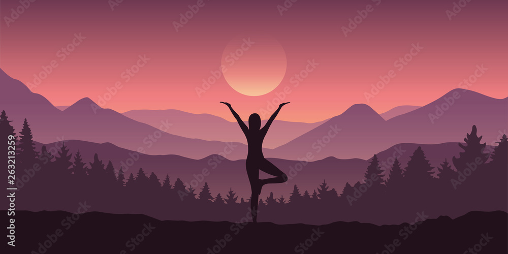 girl makes yoga tree figure in the mountain landscape view vector illustration EPS10