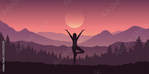 girl makes yoga tree figure in the mountain landscape view vector illustration EPS10