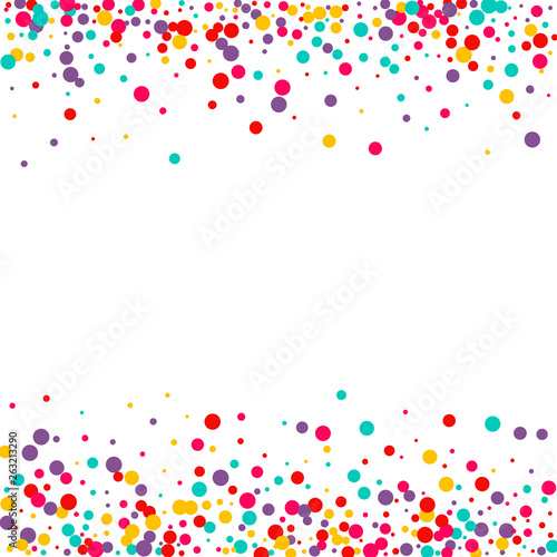 Festive background with multicolored confetti. Yellow, pink, blue circles but against a white background. Flying confetti.