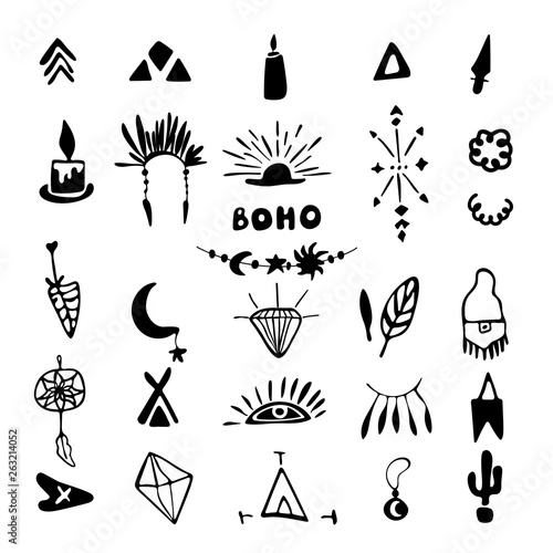 Vector boho decor set, collection of hand drawn doodle boho style design elements, dream catchers. Isolated. Used for wedding invitations, birthday cards, banners.