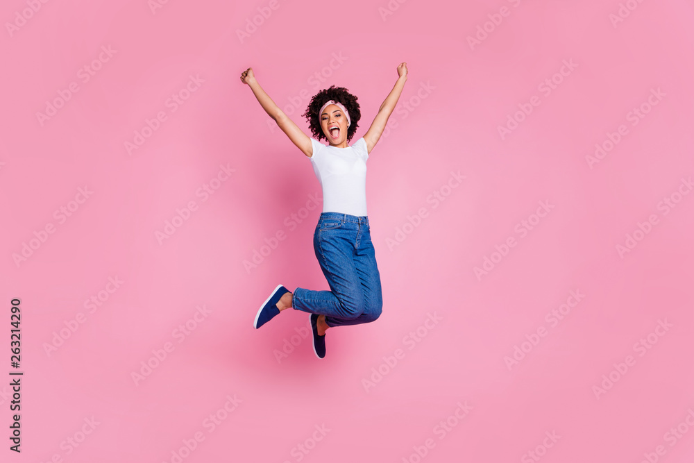 Full length body size view portrait of nice charming attractive lovely fit slender cheerful cheery wavy-haired girl  scarf having fun free time weekend isolated over pink pastel background