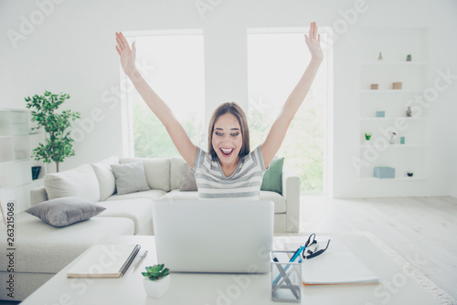 Close up photo beautiful she her lady notebook table yell hands arms raised air skype report first freelance salary wear jeans denim striped t-shirt sit comfort chair house bright living room indoors
