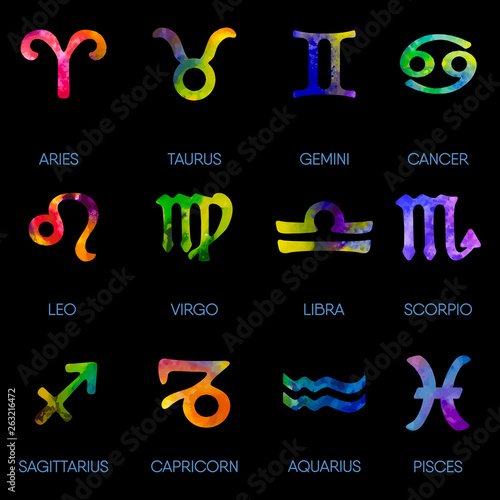 Zodiac icons. Horoscope set on black background. 