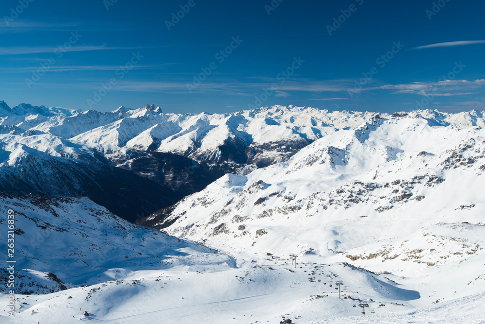 Panoramic view down snow covered valley in alpine mountain range