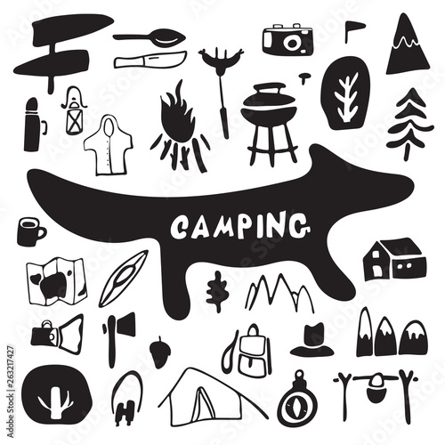 Camping doodle set. Vector sketch illustration. Camping and Travel items.