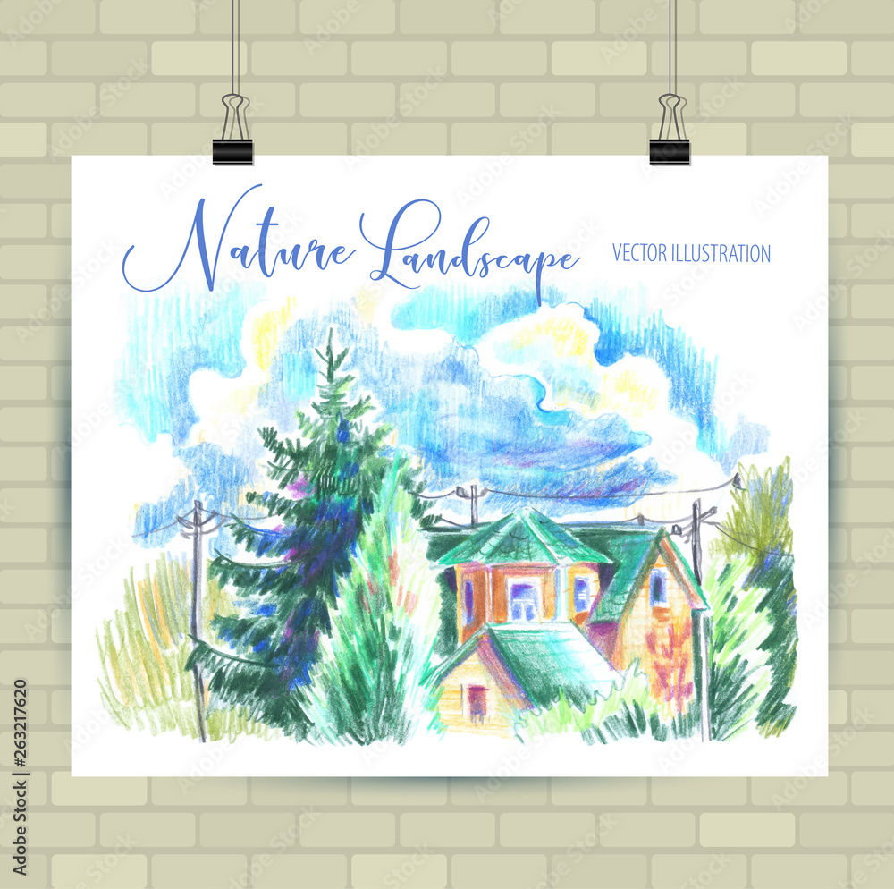 Sketching illustration in vector format. Poster with beautiful landscape and urban elements. Hand drawn illustration. Sketching illustration in vector format. Poster with beautiful landscape and urban elements. Hand drawn illustration.