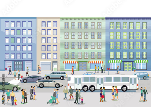 Straße in der Stadt mit Personen und Autos