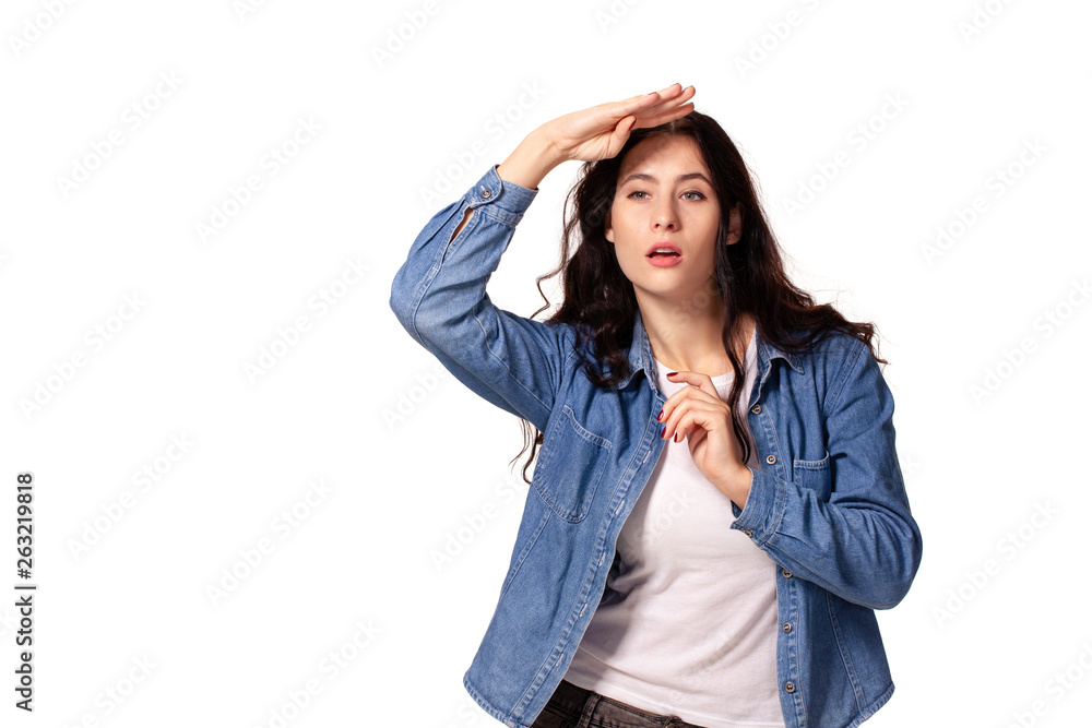 Serious woman looking forward and having put her palm to forehead Serious woman looking forward and having put her palm to forehead