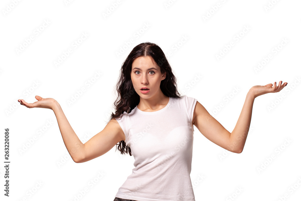 Beautiful young girl spreads her arms on the white background Beautiful young girl spreads her arms on the white background