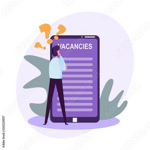search for a new job, view available positions, proposals from employers, the process of hiring new employees, vector image, flat design, modern colorful illustration with characters.