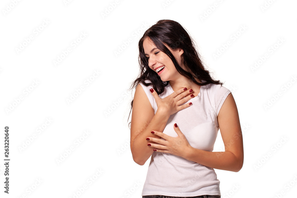 Beautiful young girl is pointing at herself to say am I Beautiful young girl is pointing at herself to say am I