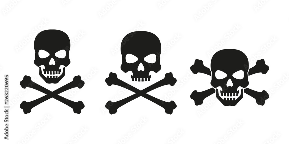 Skull with crossed bones icon set. Death, pirate and danger symbol. Skeleton head. Vector illustration.