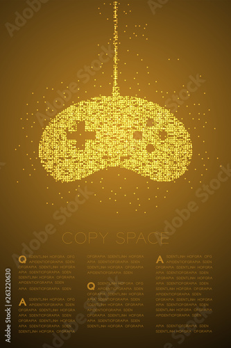 Retro Gamepad or joypad shape Particle Geometric Bokeh circle dot pixel pattern, Esports game controller design gold color illustration on brown gradient background with copy space, vector eps 10