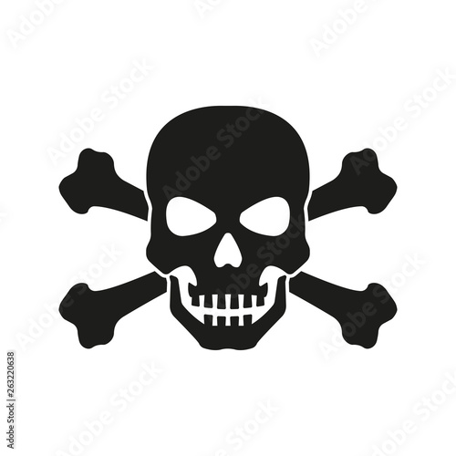Skull with crossed bones icon. Death, pirate and danger symbol. Skeleton head. Vector illustration.