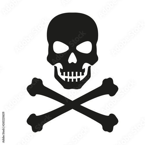 Skull with crossed bones icon. Death, pirate and danger symbol. Skeleton head. Vector illustration.