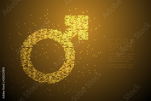 Men sign Particle Geometric Bokeh circle dot pixel pattern, Male gender concept design gold color illustration on brown gradient background with copy space, vector eps 10