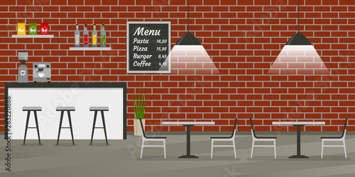 Cafe, restaurant or coffee shop interior in loft style. Bar or Pub inside with brick wall, menu board, chairs and tables. Vector illustration.