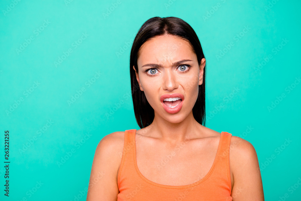 Close up photo portrait of frustrated she her student lady grimacing making facial expression with open mouth showing teeth isolated pastel background Close up photo portrait of frustrated she her student lady grimacing making facial expression with open mouth showing teeth isolated pastel background