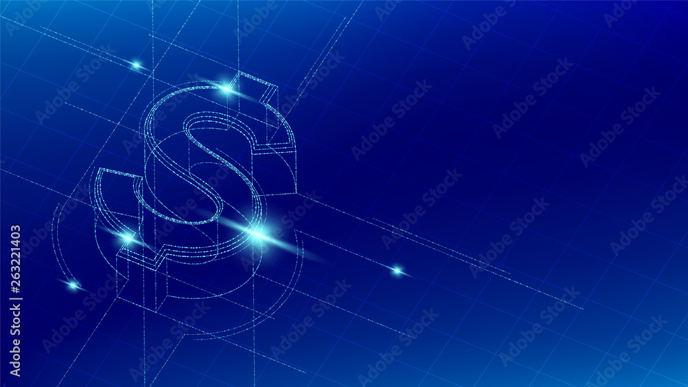 Currency USD (United States Dollars) isometric symbol particle line lighting pattern wireframe futuristic, Digital money cryptocurrency concept illustration isolated on blue gradients background