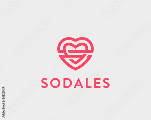 Heart vector logo. Valentines day line logotype. Two intertwined linked hearts