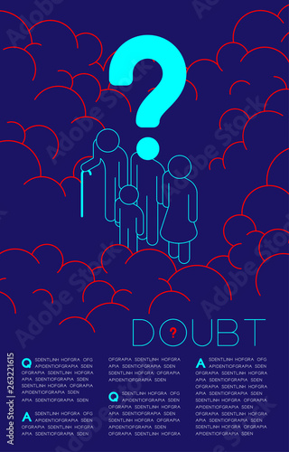 Doubt man family parent, elderly and kid isometric with Question mark icon pictogram, Social issues: Pollution PM 2.5 concept template layout design illustration on dark blue background, with space