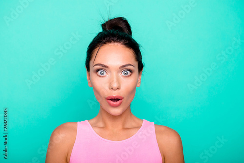 Closeup photo portrait of charming nice glad lovely attractive she her lady student with open mouth having comic facial expression isolated pastel background