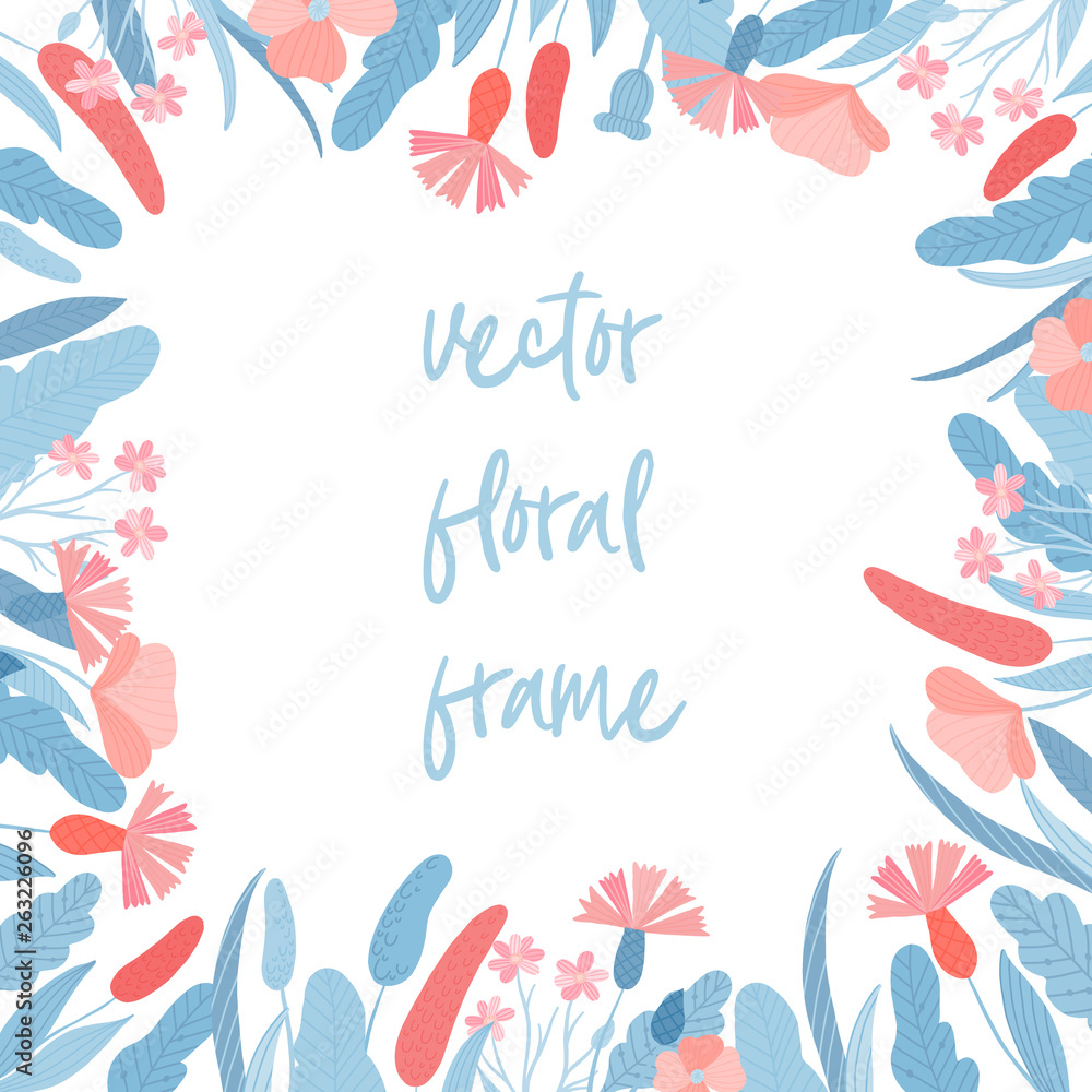 vector floral square frame in flat style. Ideal for decoration, packaging, postcards.