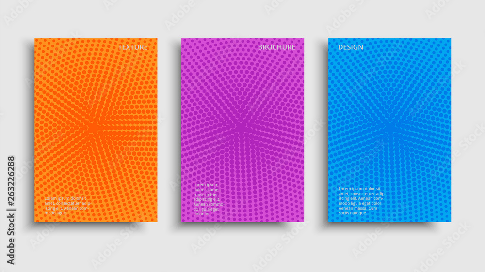 Vector set colorful halftone brochures. Modern grainy textured design background. Vibrant graphic trendy design.