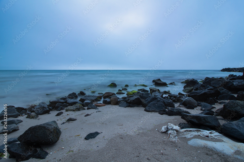 Sea scenery in the Blue Hour from the Black Sea coast. Pomorie, Bulgaria.